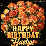 Animated bouquet of orange roses with moving butterfles and golden 'Happy Birthday Haelyn' text, surrounded by sparkling accents and a dark backdrop for a luxurious feel.