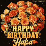 Animated bouquet of orange roses with moving butterfles and golden 'Happy Birthday Hafsa' text, surrounded by sparkling accents and a dark backdrop for a luxurious feel.