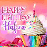 A vibrant birthday GIF featuring a rainbow-colored cupcake topped with white frosting, sprinkles, and a lit candle. The text reads 'Happy Birthday Hafza' in bold pink and violet letters with white outline.