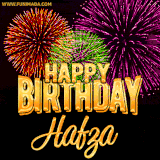 A golden 'Happy Birthday Hafza' message with vibrant fireworks in the background, creating a festive and celebratory vibe in this animated name GIF.
