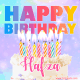 A vibrant animated name GIF with the words 'Happy Birthday Hafza' with colorful candles on a creamy cake. The background sparkles with pastel shades, adding a festive touch.