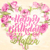 A stunning heart made of pink roses surrounds the elegant script text 'Happy Birthday Hafza' on a soft beige background. Animated sparkles add a magical and festive feel.