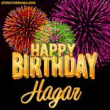 A golden 'Happy Birthday Hagar' message with vibrant fireworks in the background, creating a festive and celebratory vibe in this animated name GIF.