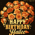 Beautiful bouquet of orange and red roses for Hailee, golden inscription and twinkling stars