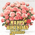 Birthday wishes to Hailee with a charming GIF featuring pink roses, butterflies and golden quote