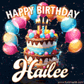 Hand-drawn happy birthday cake adorned with an arch of colorful balloons - name GIF for Hailee