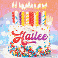 Personalized for Hailee elegant birthday cake adorned with rainbow sprinkles, colorful candles and glitter