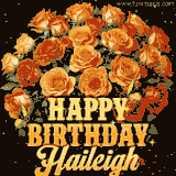 Animated bouquet of orange roses with moving butterfles and golden 'Happy Birthday Haileigh' text, surrounded by sparkling accents and a dark backdrop for a luxurious feel.