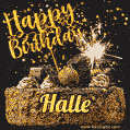 Celebrate Halle's birthday with a GIF featuring chocolate cake, a lit sparkler, and golden stars