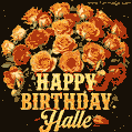 Beautiful bouquet of orange and red roses for Halle, golden inscription and twinkling stars