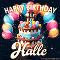 Hand-drawn happy birthday cake adorned with an arch of colorful balloons - name GIF for Halle