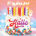 Personalized for Halle elegant birthday cake adorned with rainbow sprinkles, colorful candles and glitter