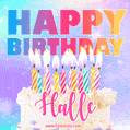 Animated Happy Birthday Cake with Name Halle and Burning Candles