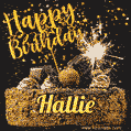 Celebrate Hallie's birthday with a GIF featuring chocolate cake, a lit sparkler, and golden stars