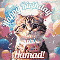 Happy birthday gif for Hamad with cat and cake