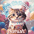 Happy birthday gif for Hamish with cat and cake
