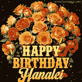 Animated bouquet of orange roses with moving butterfles and golden 'Happy Birthday Hanalei' text, surrounded by sparkling accents and a dark backdrop for a luxurious feel.
