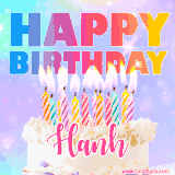 A vibrant animated name GIF with the words 'Happy Birthday Hanh' with colorful candles on a creamy cake. The background sparkles with pastel shades, adding a festive touch.