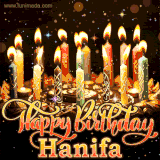 A glowing personalized birthday GIF with name Hanifa featuring lit candles with intricate designs, warm lighting, and the text 'Happy Birthday' in an elegant font.