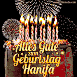 A chocolate birthday cake with glowing candles, the German text 'Alles Gute zum Geburtstag Hanifa,' and vibrant fireworks lighting up the background in an animated GIF.