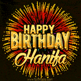 Golden 'Happy Birthday Hanifa' text accompanied by animated rainbow fireworks for a festive animated greeting.