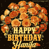 Animated bouquet of orange roses with moving butterfles and golden 'Happy Birthday Hanifa' text, surrounded by sparkling accents and a dark backdrop for a luxurious feel.