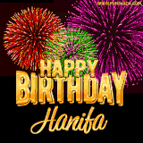 A golden 'Happy Birthday Hanifa' message with vibrant fireworks in the background, creating a festive and celebratory vibe in this animated name GIF.