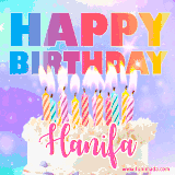 A vibrant animated name GIF with the words 'Happy Birthday Hanifa' with colorful candles on a creamy cake. The background sparkles with pastel shades, adding a festive touch.