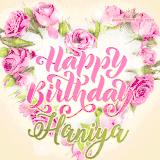 A stunning heart made of pink roses surrounds the elegant script text 'Happy Birthday Haniya' on a soft beige background. Animated sparkles add a magical and festive feel.