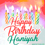 Bright birthday candles with rainbow flames on a cake, alongside the text 'Happy Birthday Haniyah' in vibrant script in this celebratory animated GIF.