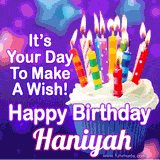 A colorful birthday GIF for Haniyah featuring a cupcake with vibrant lit candles and the text 'It's Your Day to Make a Wish! Happy Birthday Haniyah' in bold letters on a festive purple background.