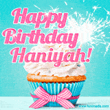 A festive cupcake with pink icing, a gingham bow, and a lit animated sparkler, paired with 'Happy Birthday Haniyah!' in bright pink text.