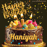 A delightful chocolate birthday cake with bright candles and 'Happy Birthday Haniyah' written in gold amidst a shower of animated stars.