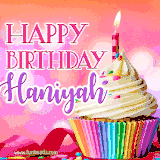 A vibrant birthday GIF featuring a rainbow-colored cupcake topped with white frosting, sprinkles, and a lit candle. The text reads 'Happy Birthday Haniyah' in bold pink and violet letters with white outline.