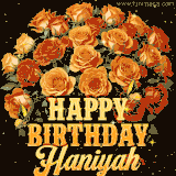 Animated bouquet of orange roses with moving butterfles and golden 'Happy Birthday Haniyah' text, surrounded by sparkling accents and a dark backdrop for a luxurious feel.
