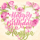 A stunning heart made of pink roses surrounds the elegant script text 'Happy Birthday Haniyya' on a soft beige background. Animated sparkles add a magical and festive feel.