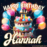 Bright birthday animation for Hannah with a chocolate cake, candles, balloons, and glowing celebratory lights.