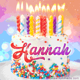 A cheerful white birthday cake with multicolor sprinkles, lit candles, and 'Hannah' written in vibrant letters, in an animated GIF.