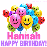Animated colorful and joyful birthday balloons with cheerful smiles and a bright 'Happy Birthday Hannah!' message in pink and purple.