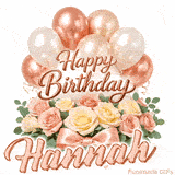Pastel metallic balloons and rose bouquet Happy Birthday Hannah GIF