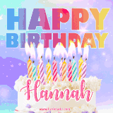 A vibrant animated name GIF with the words 'Happy Birthday Hannah' with colorful candles on a creamy cake. The background sparkles with pastel shades, adding a festive touch.