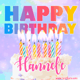 A vibrant animated name GIF with the words 'Happy Birthday Hannele' with colorful candles on a creamy cake. The background sparkles with pastel shades, adding a festive touch.