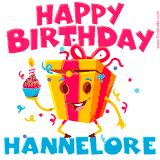 A vibrant and funny gift box character with a happy face dancing with a cupcake and the text 'Happy Birthday Hannelore,' surrounded by animated confetti and party vibes.