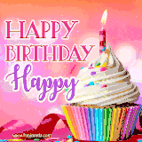 A vibrant birthday GIF featuring a rainbow-colored cupcake topped with white frosting, sprinkles, and a lit candle. The text reads 'Happy Birthday Happy' in bold pink and violet letters with white outline.