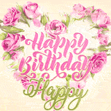 A stunning heart made of pink roses surrounds the elegant script text 'Happy Birthday Happy' on a soft beige background. Animated sparkles add a magical and festive feel.