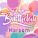 A vibrant name GIF featuring colorful balloons in shades of pink, orange, and yellow with the bold text 'Happy Birthday Hareem' in festive fonts, creating a lively birthday vibe.
