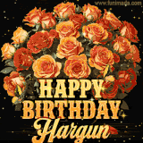 Animated bouquet of orange roses with moving butterfles and golden 'Happy Birthday Hargun' text, surrounded by sparkling accents and a dark backdrop for a luxurious feel.