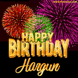 A golden 'Happy Birthday Hargun' message with vibrant fireworks in the background, creating a festive and celebratory vibe in this animated name GIF.