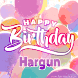 A vibrant name GIF featuring colorful balloons in shades of pink, orange, and yellow with the bold text 'Happy Birthday Hargun' in festive fonts, creating a lively birthday vibe.