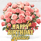 Golden 'Happy Birthday Harlee' text beneath a vibrant bouquet of orange roses, complete with glittering butterflies and sparkling details.